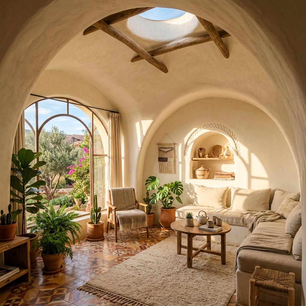 Sunlit interior of a domed living room with earthen walls and arched window